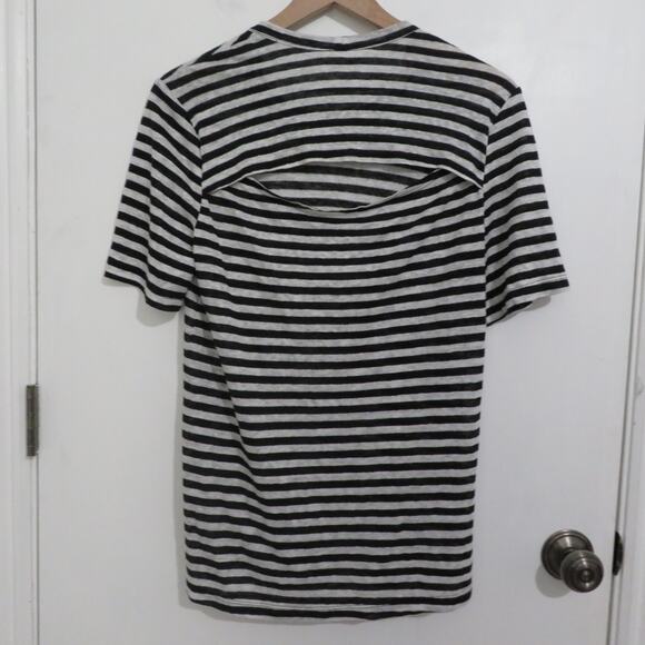 A.L.C. Womens Sz M Black White Striped Linen Short Sleeve Top Keyhole Back - Picture 2 of 6